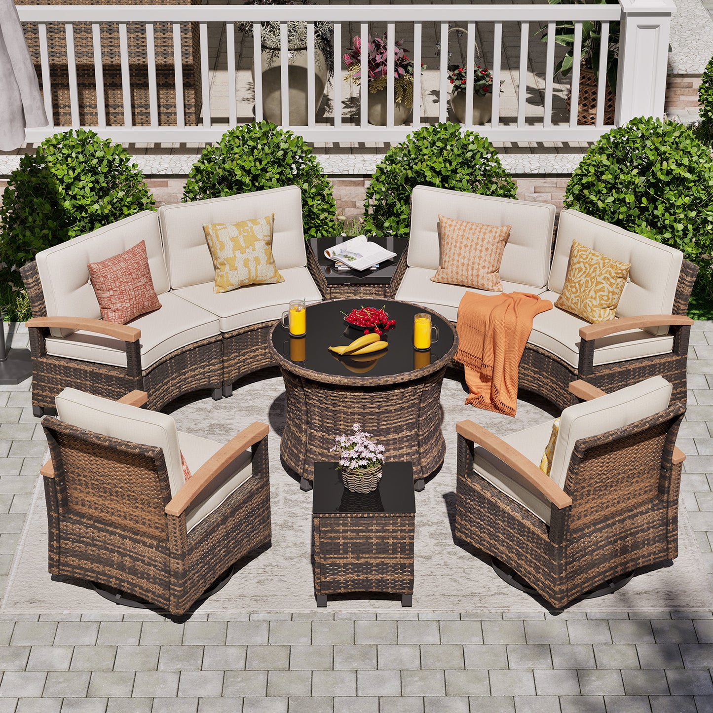 8/9/11 Piece Outdoor Half-Moon Sectional Patio Furniture Set with Wood Armrests (YK-6012)