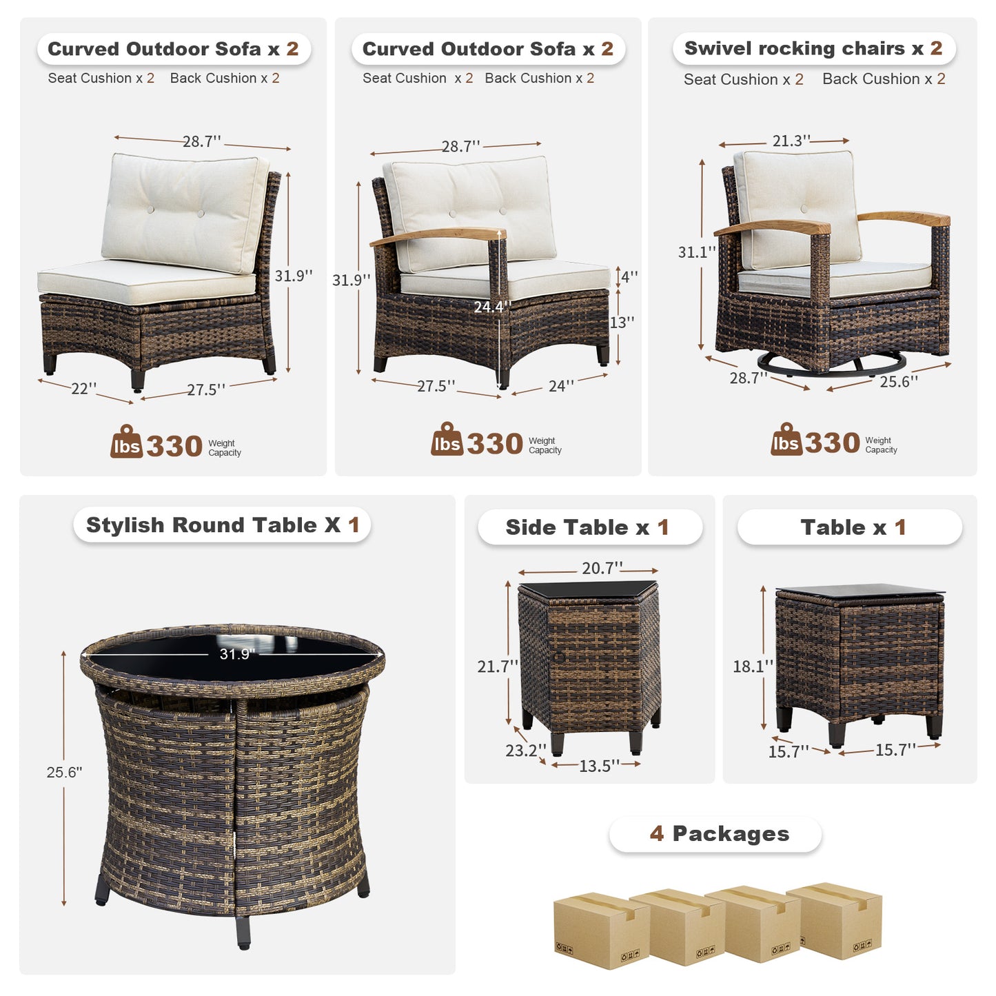 8/9/11 Piece Outdoor Half-Moon Sectional Patio Furniture Set with Wood Armrests (YK-6012)