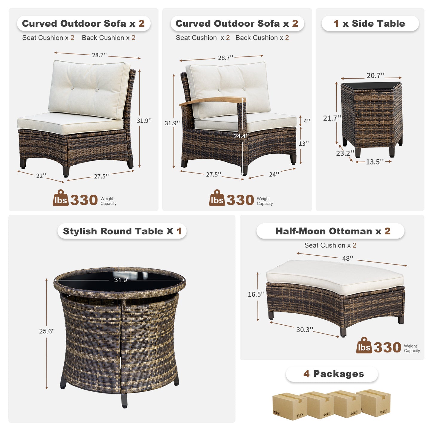 8/9/11 Piece Outdoor Half-Moon Sectional Patio Furniture Set with Wood Armrests (YK-6012)