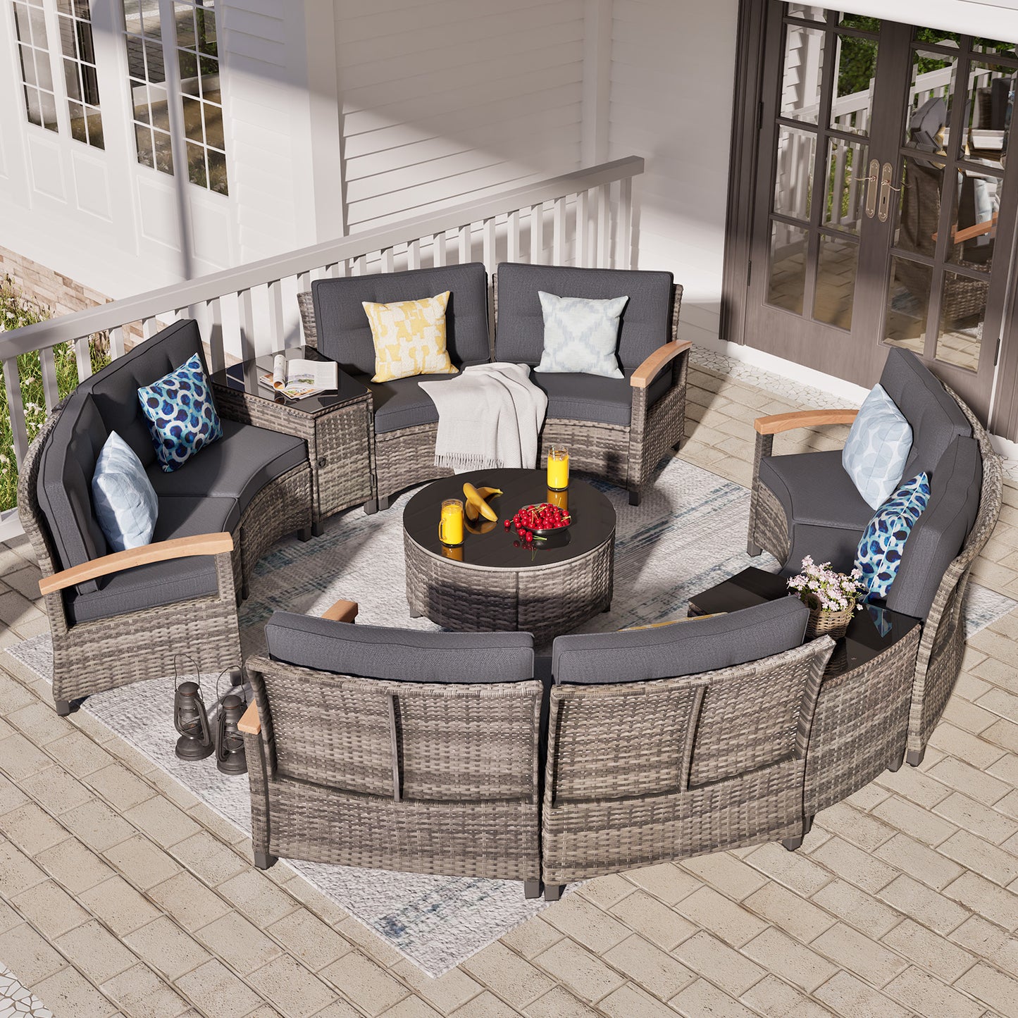 8/9/11 Piece Outdoor Half-Moon Sectional Patio Furniture Set with Wood Armrests (YK-6012)