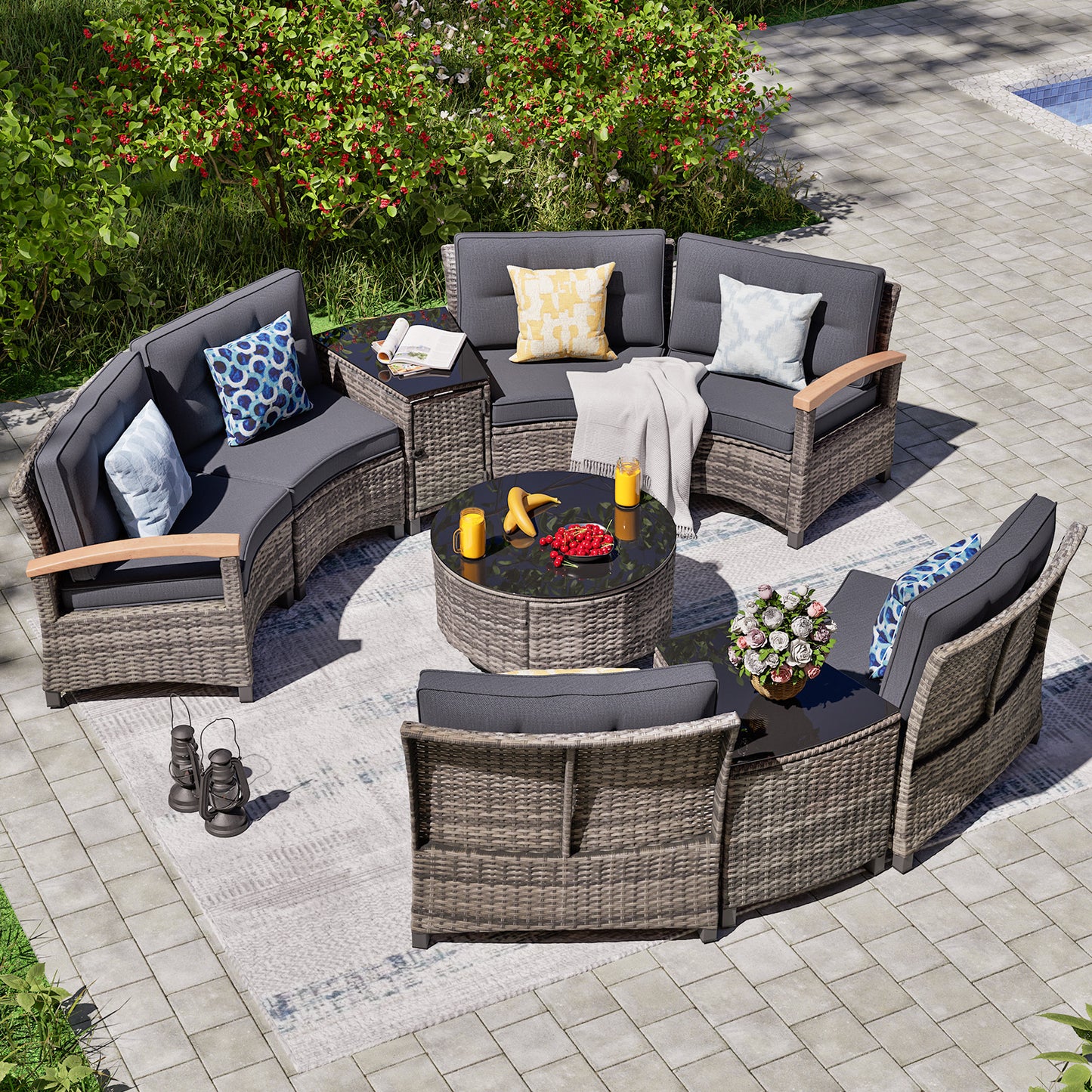 8/9/11 Piece Outdoor Half-Moon Sectional Patio Furniture Set with Wood Armrests (YK-6012)