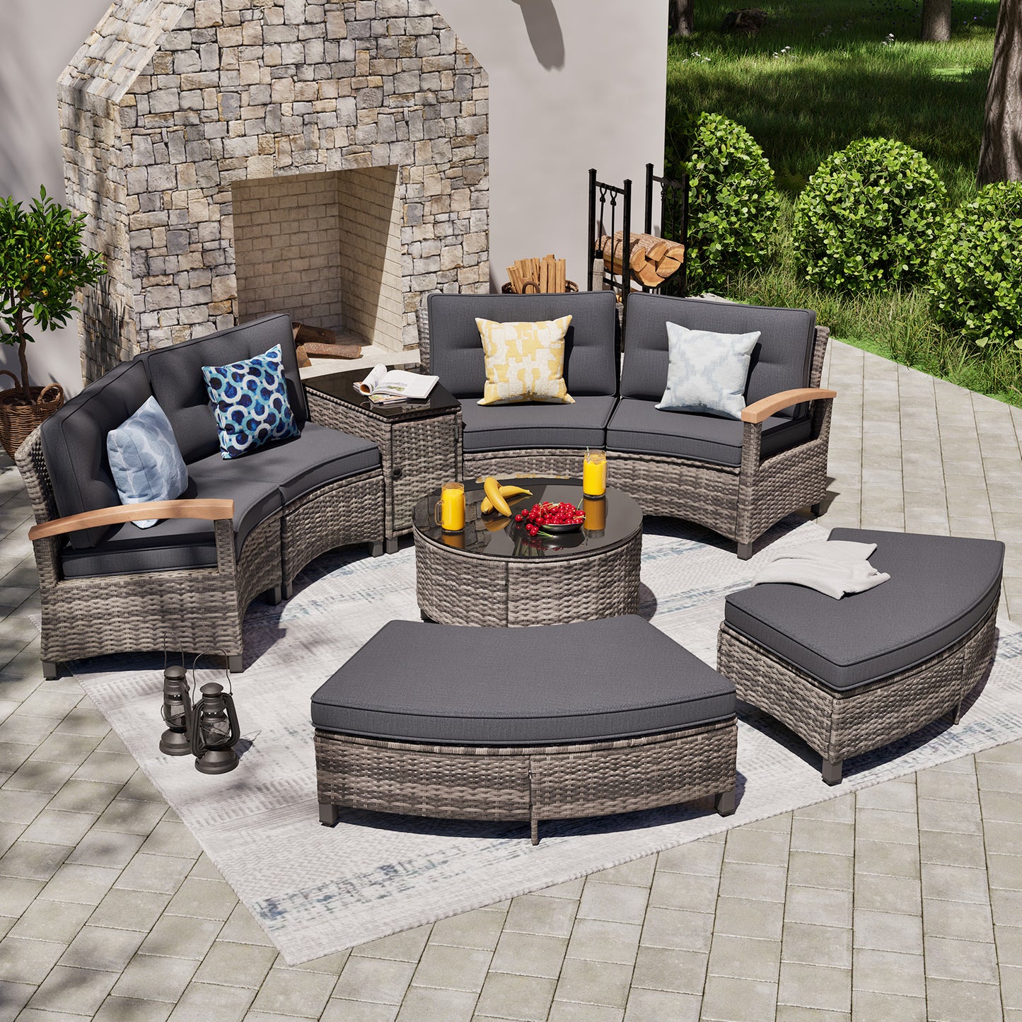 8/9/11 Piece Outdoor Half-Moon Sectional Patio Furniture Set with Wood Armrests (YK-6012)