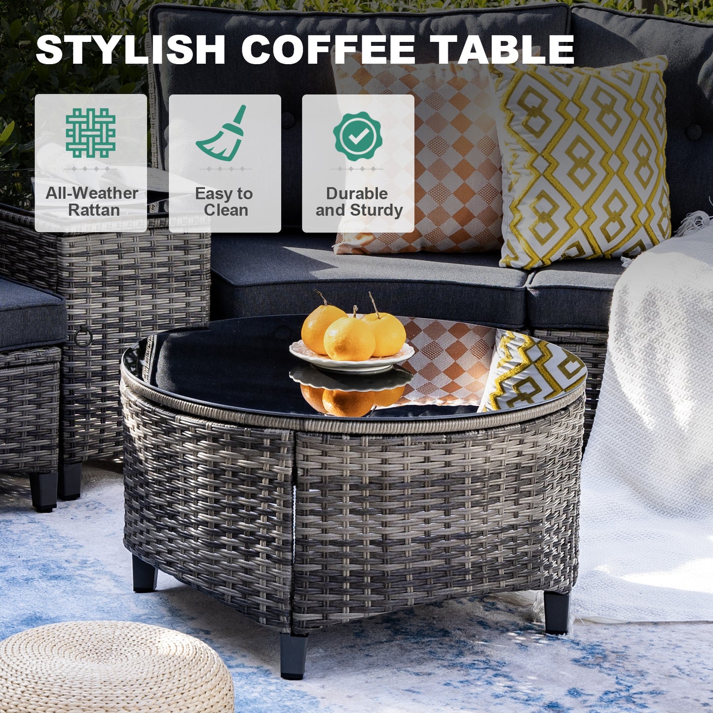 8/9/11 Piece Outdoor Half-Moon Sectional Patio Furniture Set with Wood Armrests (YK-6012)