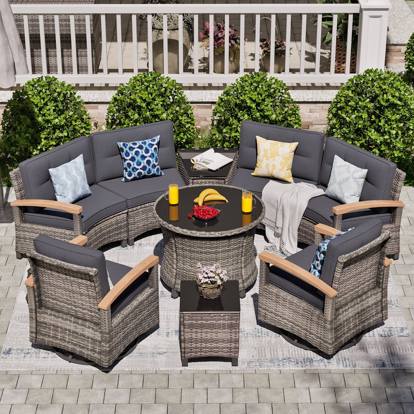 8/9/11 Piece Outdoor Half-Moon Sectional Patio Furniture Set with Wood Armrests (YK-6012)