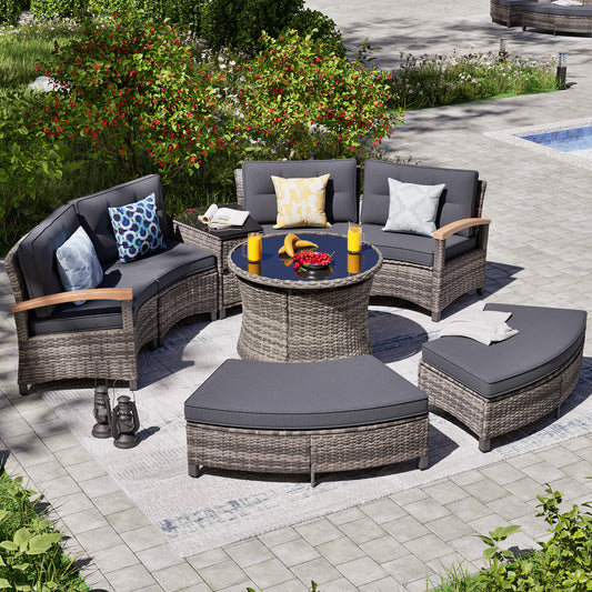 8/9/11 Piece Outdoor Half-Moon Sectional Patio Furniture Set with Wood Armrests  (YK-6012)
