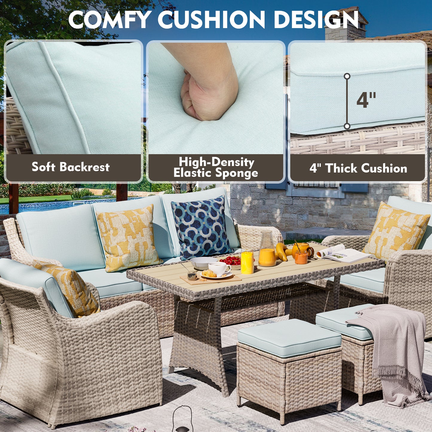 6 Piece Outdoor Rattan Patio Furniture Set, Single Chairs with Dining Table (YK-6013-C5)