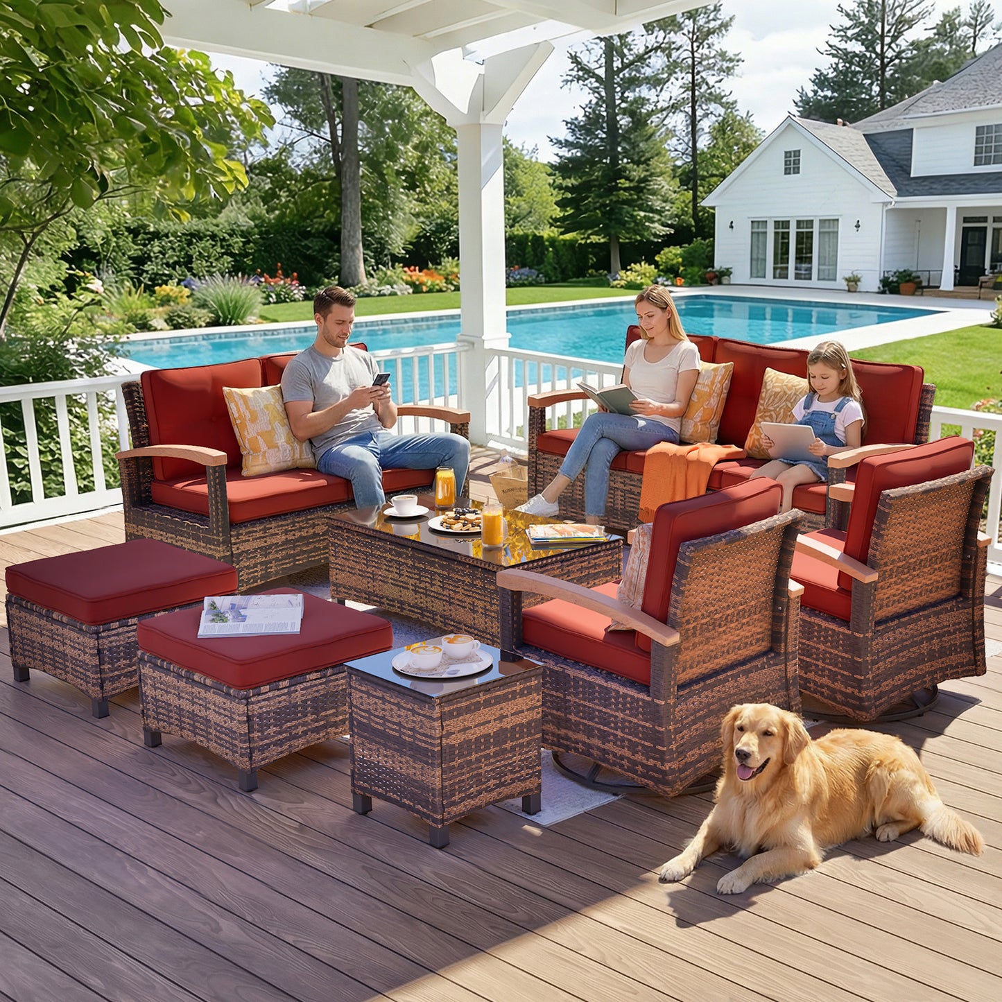 8 Pieces Wooden Handrail Patio Furniture Sets, Outdoor Conversation Sets with Loveseat (YK-6015-A4)