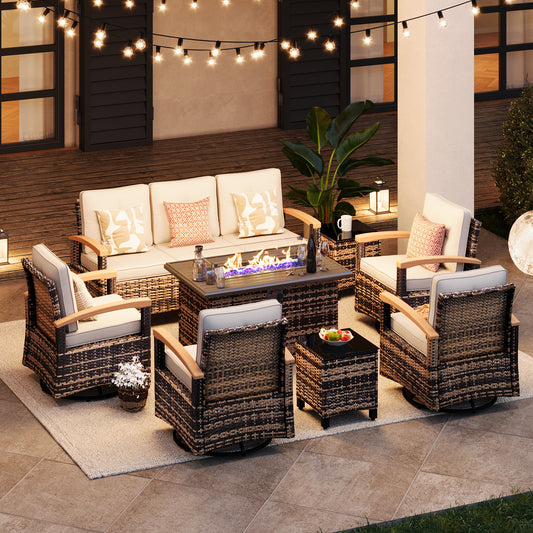 8 Pieces Patio Furniture Sets with Fire Pit Table,  Outdoor Rattan Furniture Conversation Sets (YK-6603)