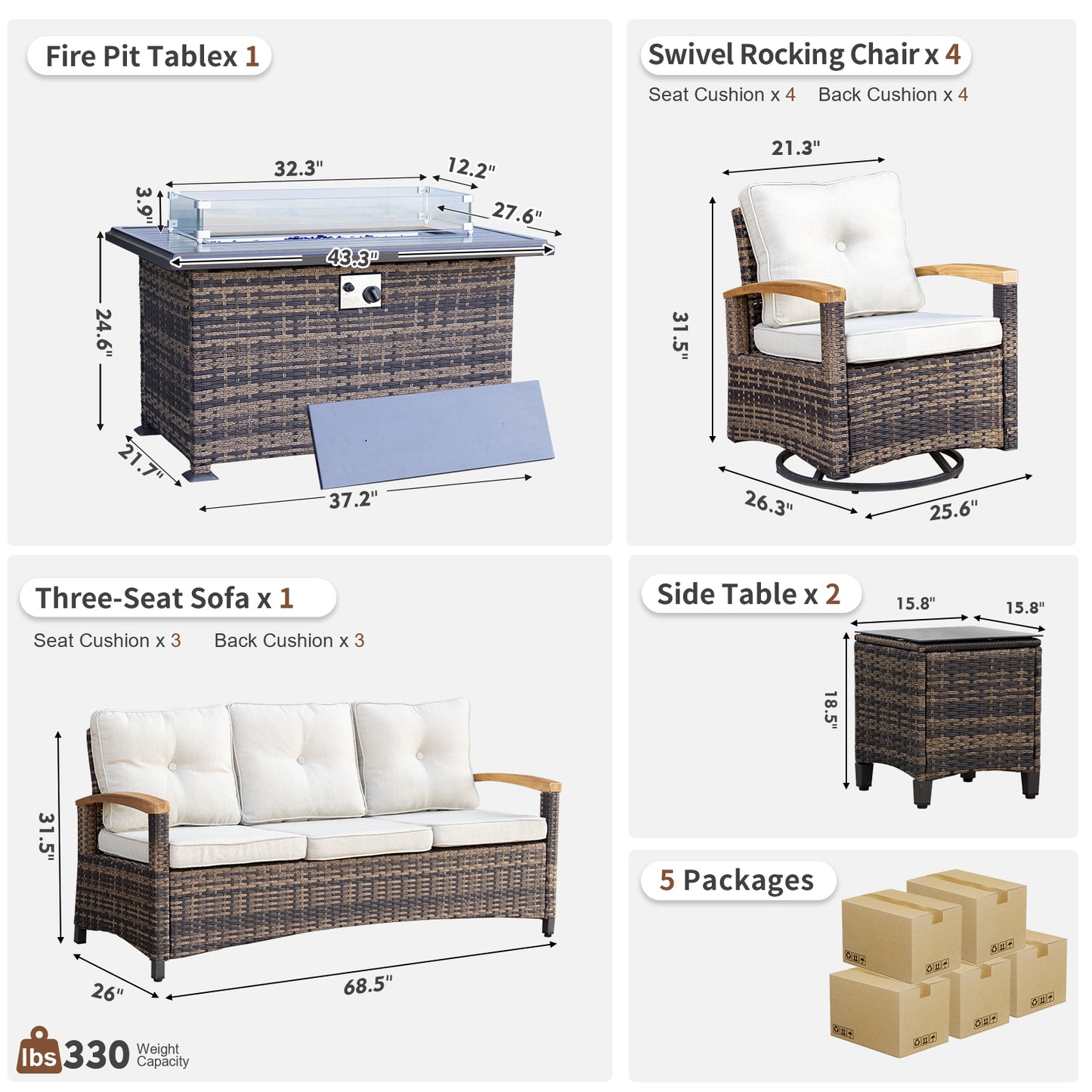 8 Pieces Patio Furniture Sets with Fire Pit Table, Outdoor Rattan Furniture Conversation Sets (YK-6603)