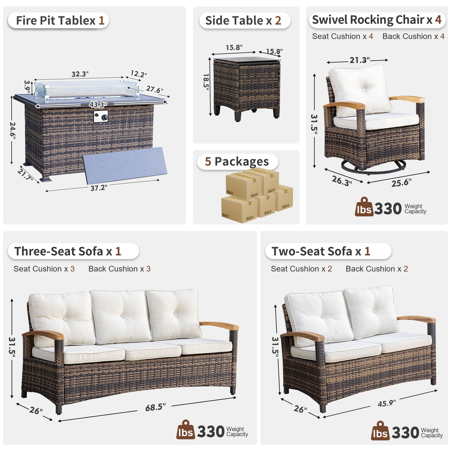 9 Pieces Patio Furniture Sets with Fire Pit Table, Outdoor Rattan Furniture Conversation Sets (YK-6604)
