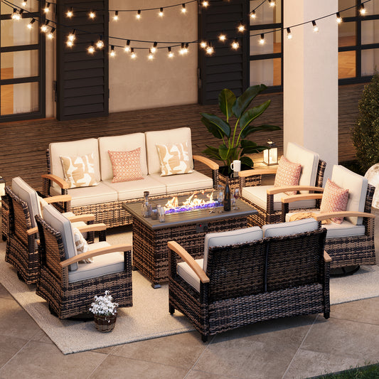 9 Pieces Patio Furniture Sets with Fire Pit Table,  Outdoor Rattan Furniture Conversation Sets (YK-6604)