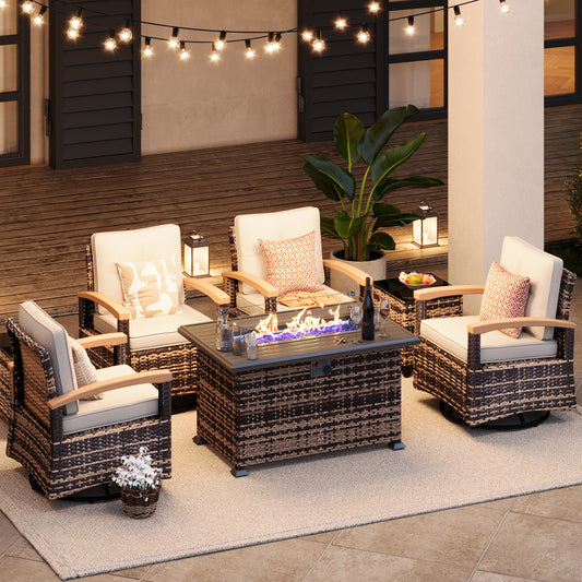 7 Pieces Patio Furniture Sets with Fire Pit Table,  Outdoor Rattan Furniture Conversation Sets (YK-6602)