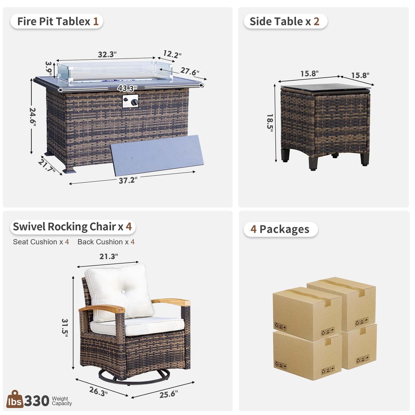 7 Pieces Patio Furniture Sets with Fire Pit Table, Outdoor Rattan Furniture Conversation Sets (YK-6602)