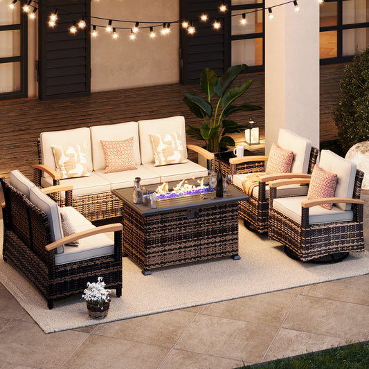 6 Pieces Patio Furniture Sets with Fire Pit Table,  Outdoor Rattan Furniture Conversation Sets (YK-6601)