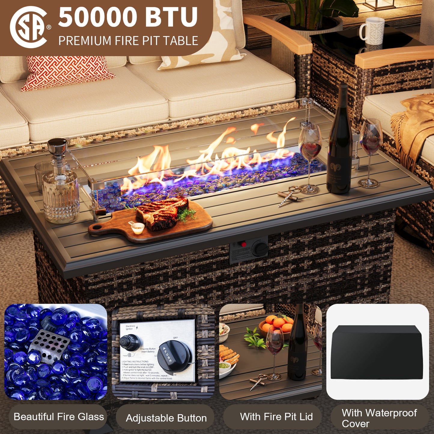 8 Pieces Patio Furniture Sets with Fire Pit Table, Outdoor Rattan Furniture Conversation Sets (YK-6603)