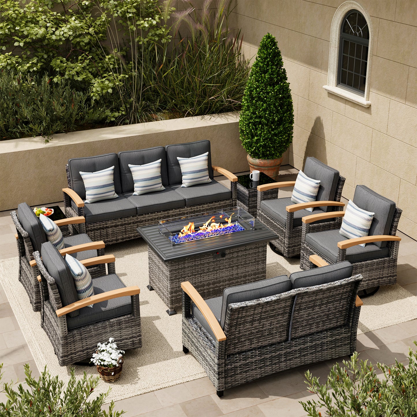 9 Pieces Patio Furniture Sets with Fire Pit Table, Outdoor Rattan Furniture Conversation Sets (YK-6604)