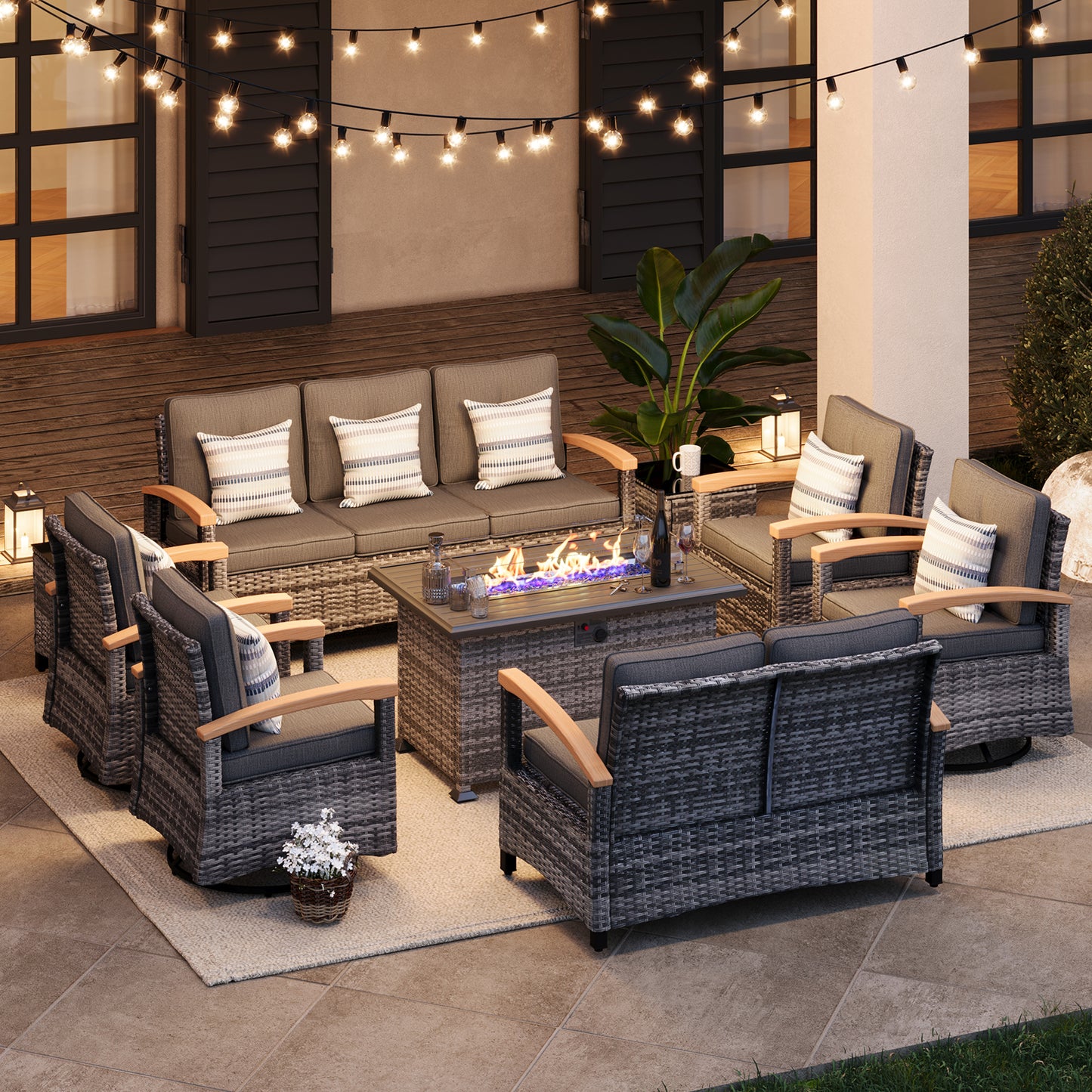 9 Pieces Patio Furniture Sets with Fire Pit Table, Outdoor Rattan Furniture Conversation Sets (YK-6604)