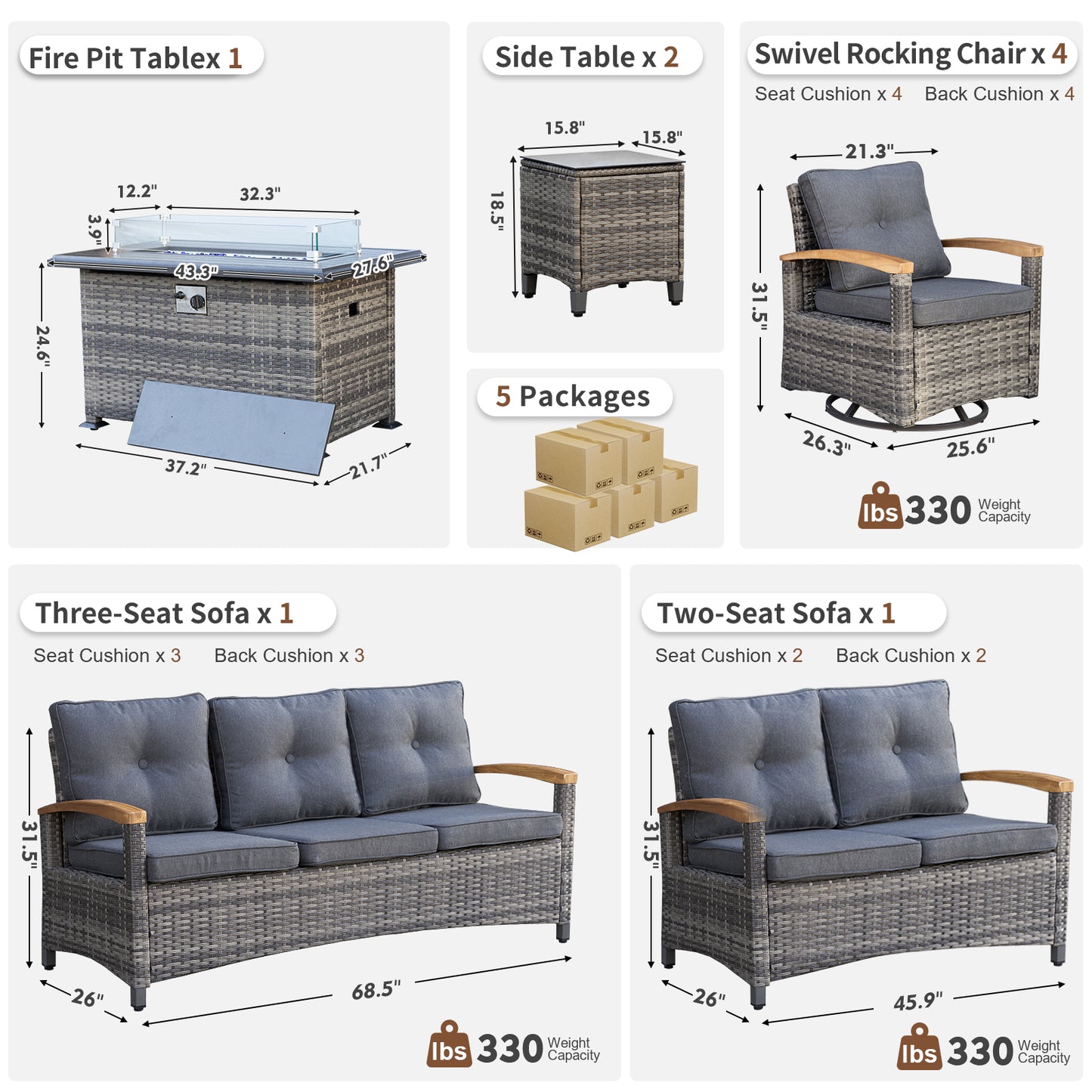 9 Pieces Patio Furniture Sets with Fire Pit Table, Outdoor Rattan Furniture Conversation Sets (YK-6604)