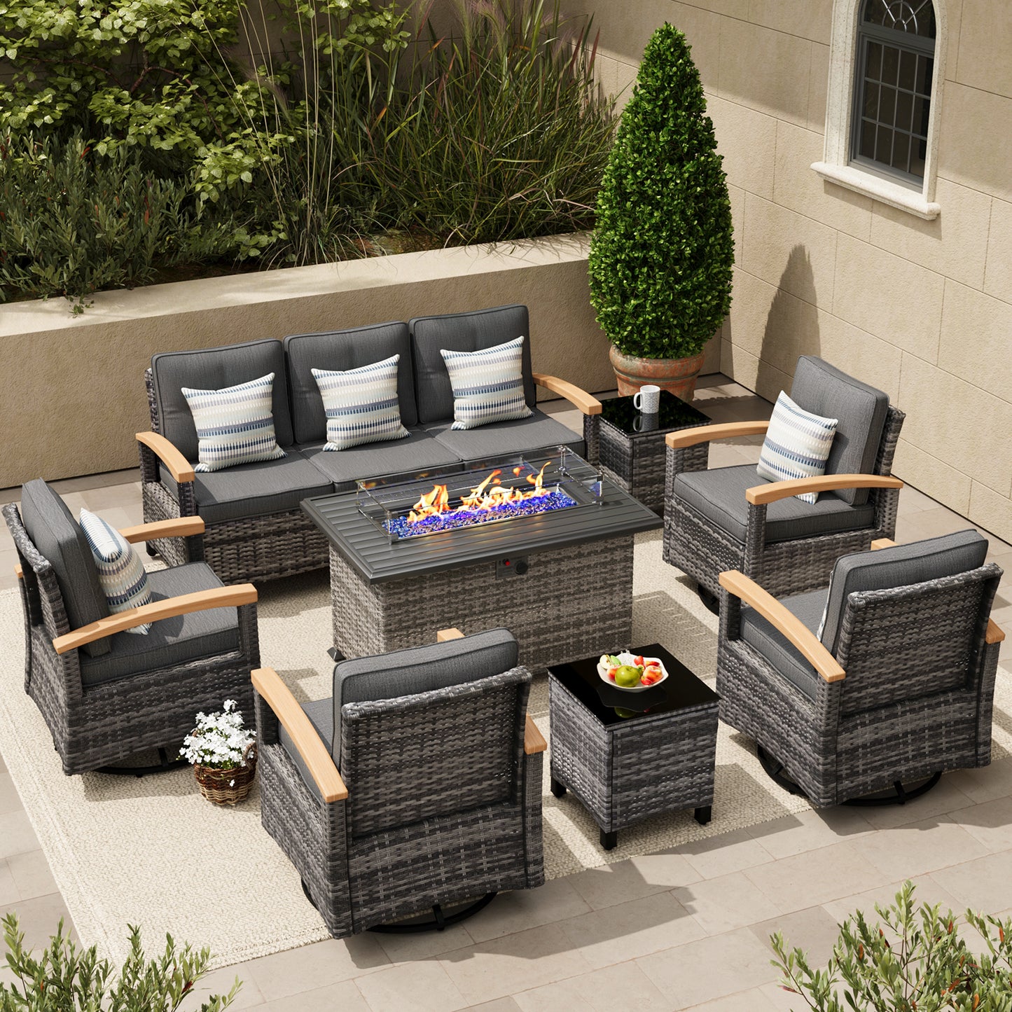 8 Pieces Patio Furniture Sets with Fire Pit Table, Outdoor Rattan Furniture Conversation Sets (YK-6603)