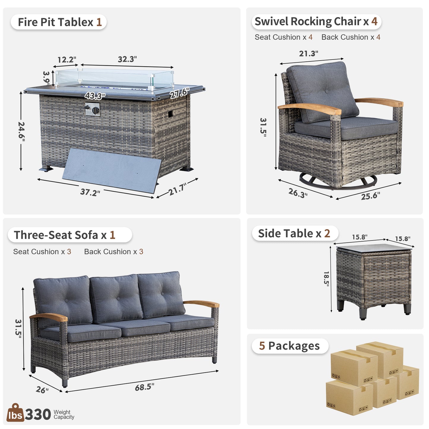 8 Pieces Patio Furniture Sets with Fire Pit Table, Outdoor Rattan Furniture Conversation Sets (YK-6603)