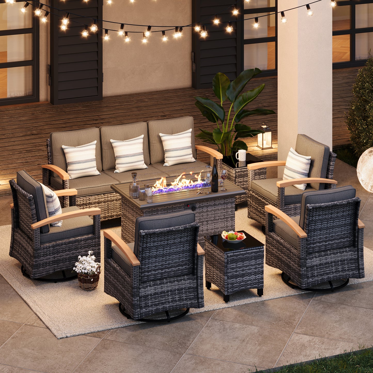 8 Pieces Patio Furniture Sets with Fire Pit Table, Outdoor Rattan Furniture Conversation Sets (YK-6603)