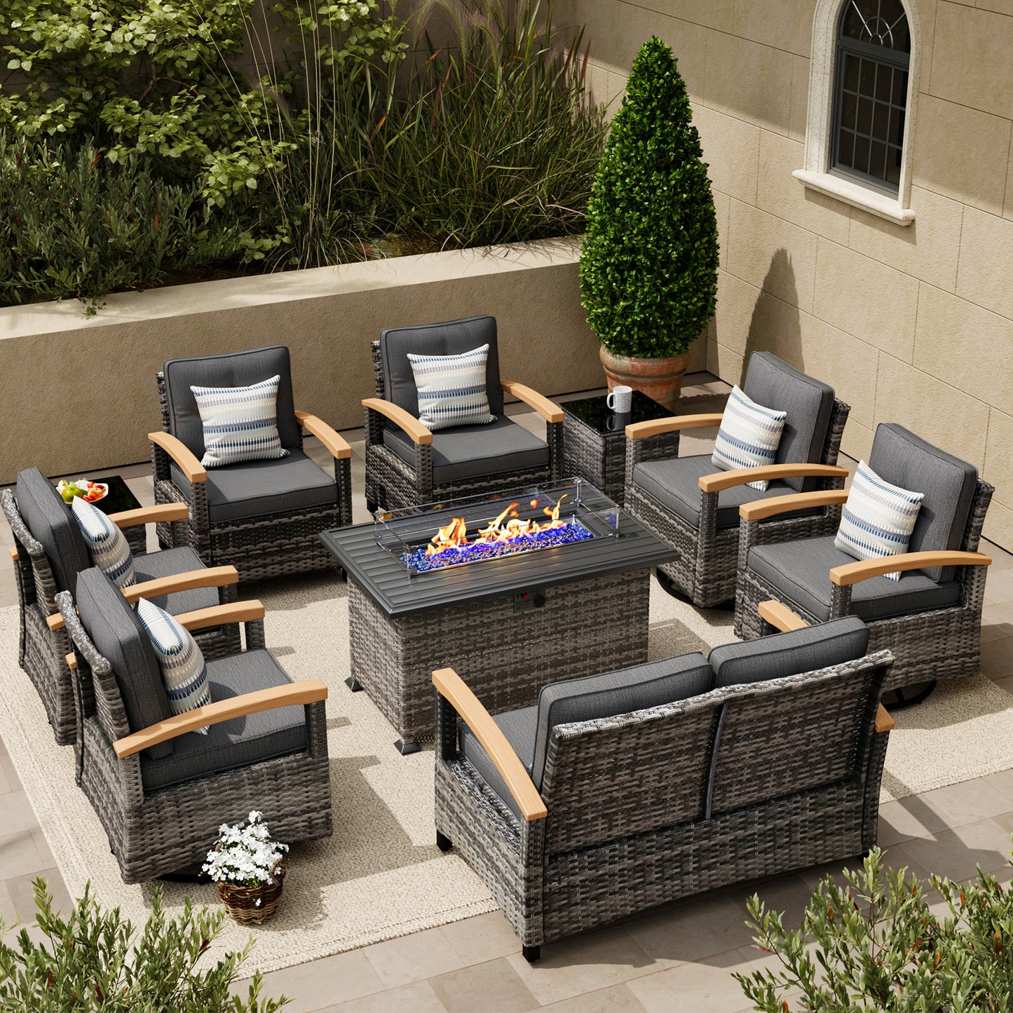 10 Pieces Patio Furniture Sets with Fire Pit Table, Outdoor Rattan Furniture Conversation Sets (YK-6605)