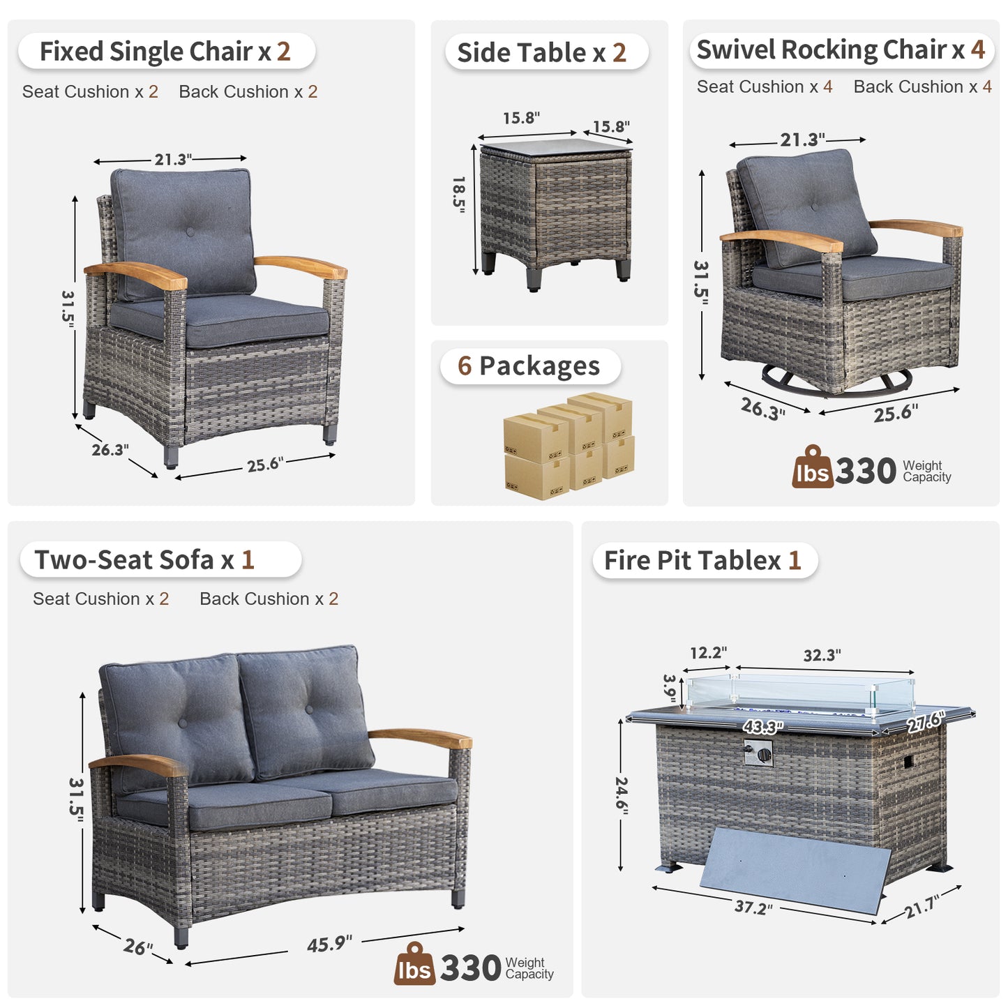 10 Pieces Patio Furniture Sets with Fire Pit Table, Outdoor Rattan Furniture Conversation Sets (YK-6605)