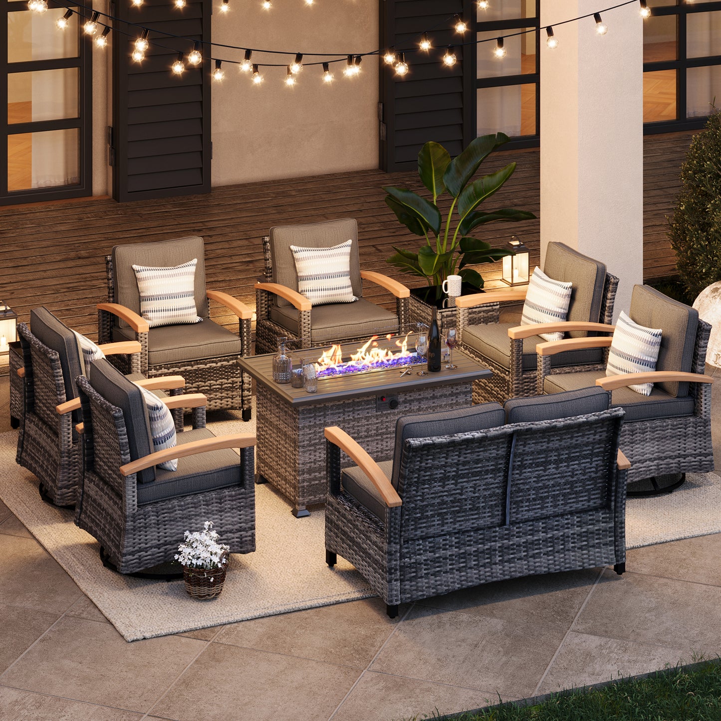 10 Pieces Patio Furniture Sets with Fire Pit Table, Outdoor Rattan Furniture Conversation Sets (YK-6605)
