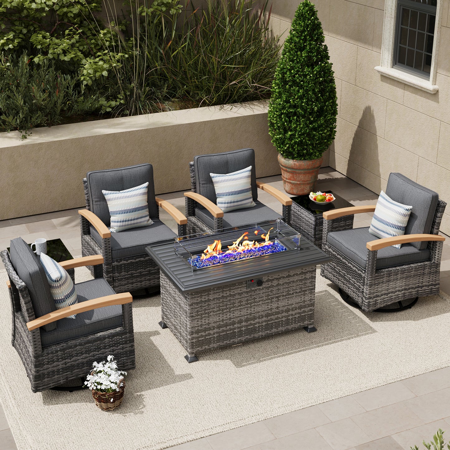 7 Pieces Patio Furniture Sets with Fire Pit Table, Outdoor Rattan Furniture Conversation Sets (YK-6602)