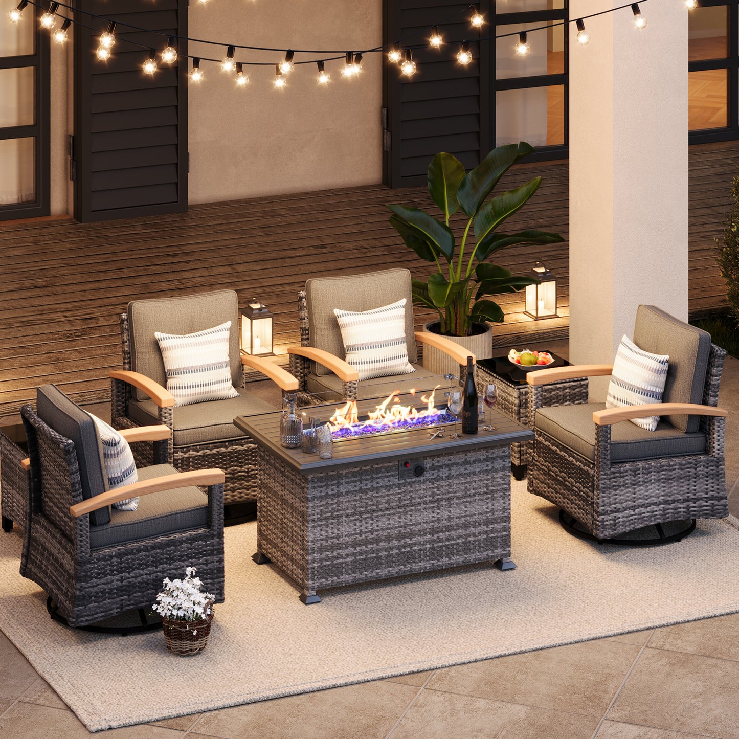 7 Pieces Patio Furniture Sets with Fire Pit Table, Outdoor Rattan Furniture Conversation Sets (YK-6602)