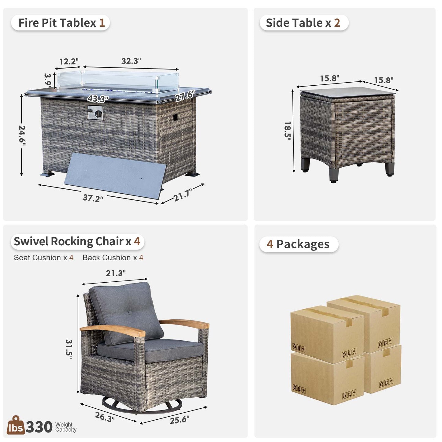 7 Pieces Patio Furniture Sets with Fire Pit Table, Outdoor Rattan Furniture Conversation Sets (YK-6602)