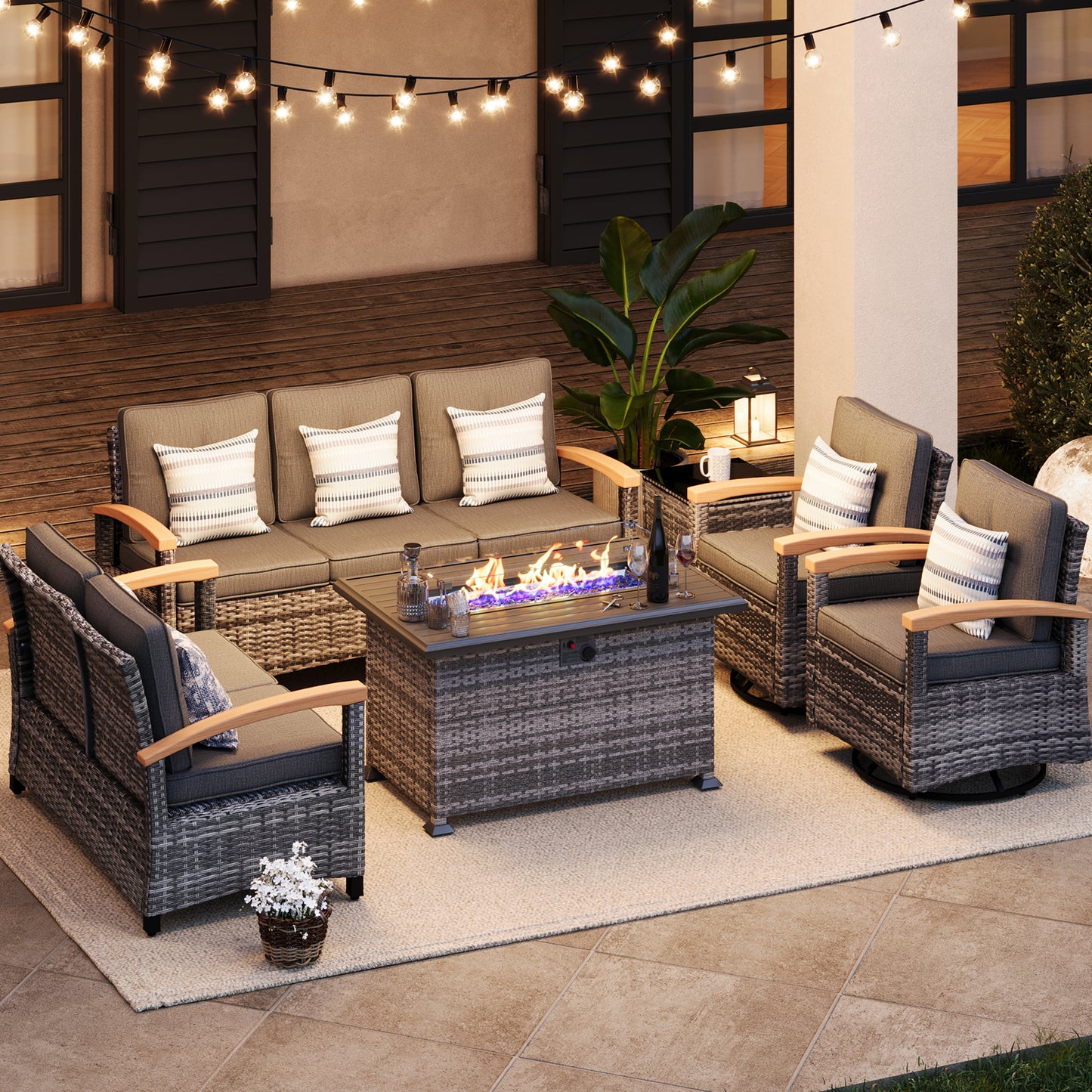 6 Pieces Patio Furniture Sets with Fire Pit Table, Outdoor Rattan Furniture Conversation Sets (YK-6601)