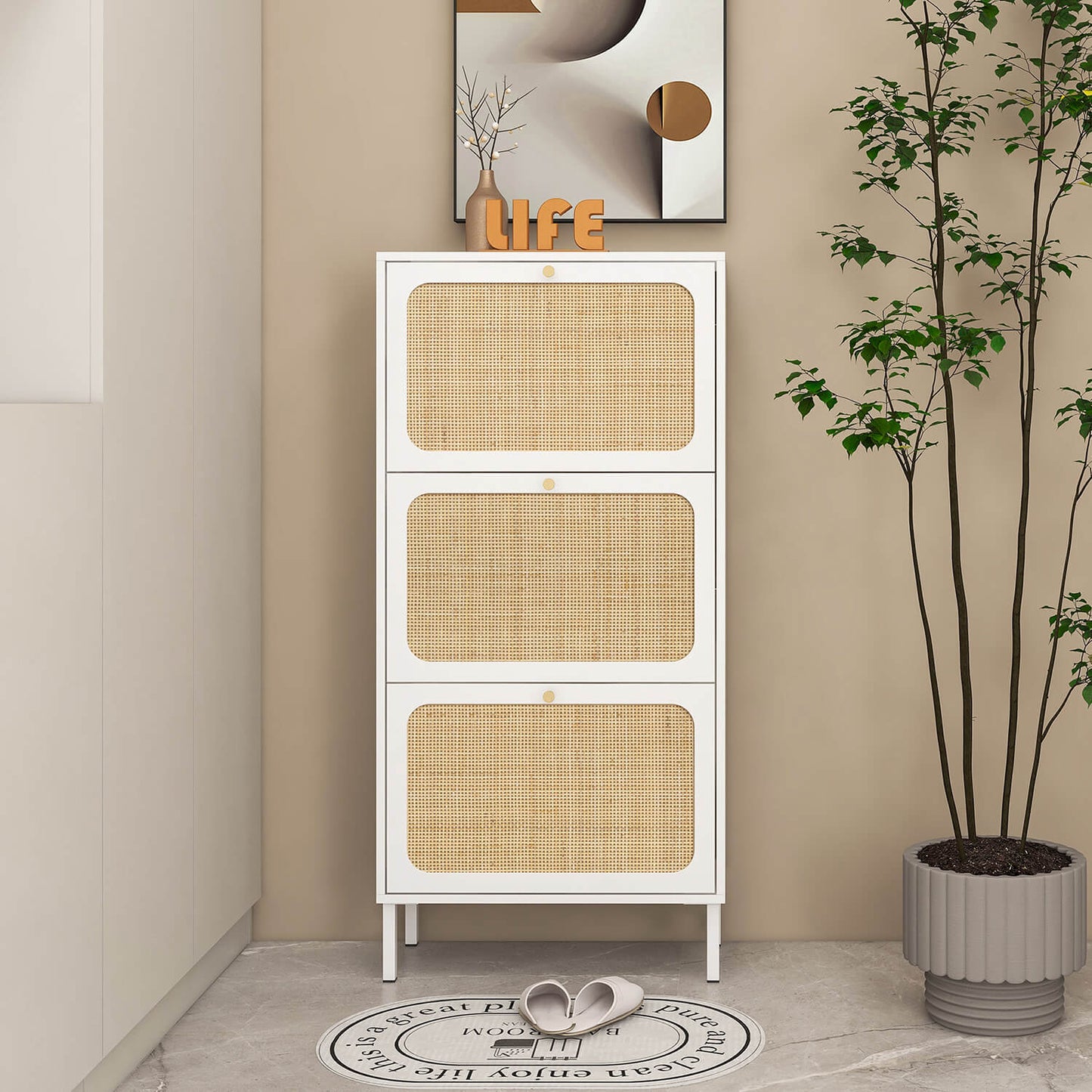 Natural Rattan 3 Door Shoe Rack, Shoe Storage Cabinet - Meissalivve