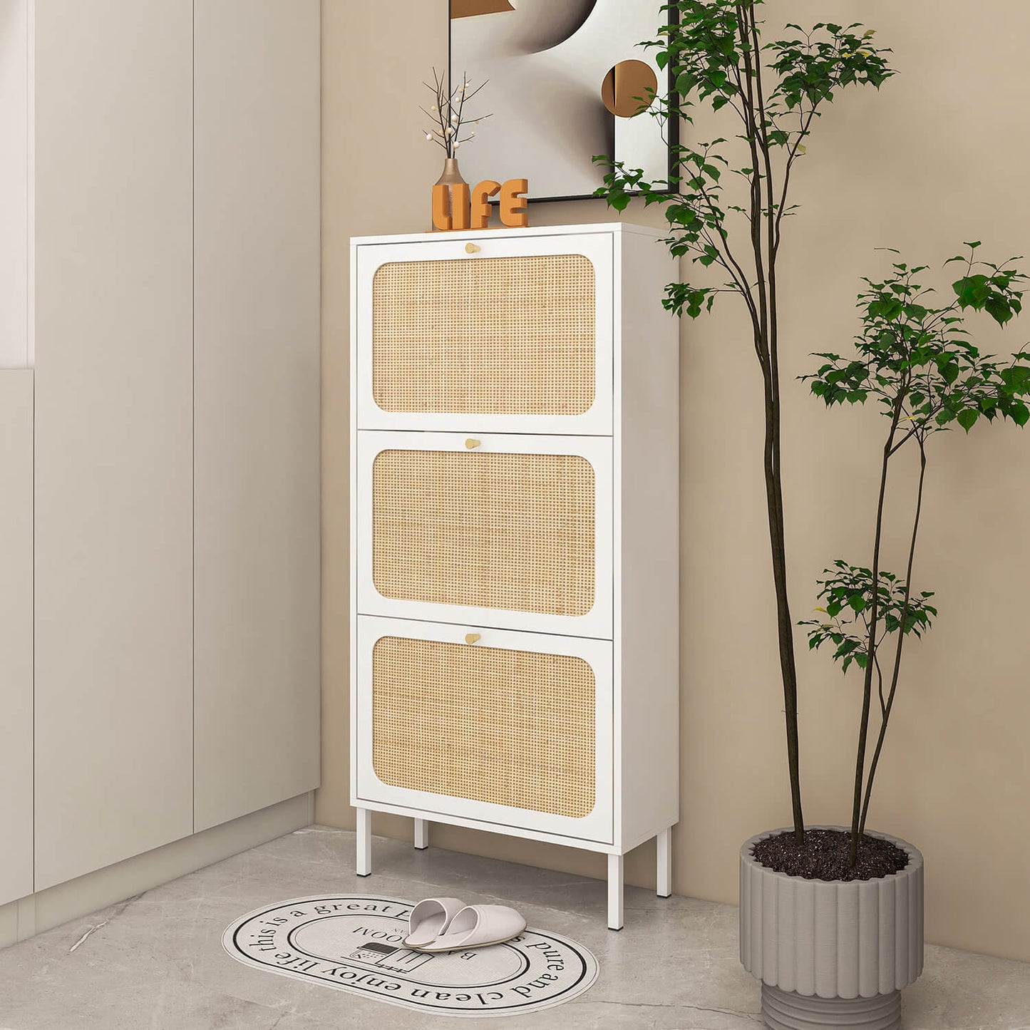 Natural Rattan 3 Door Shoe Rack, Shoe Storage Cabinet - Meissalivve