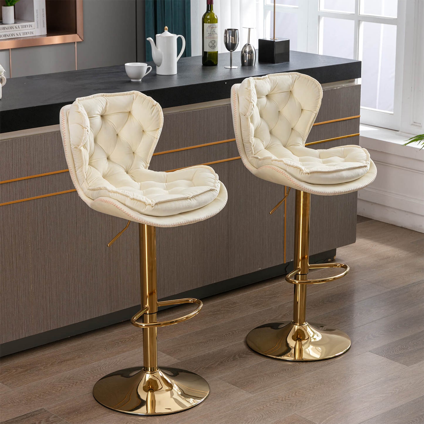 Set of 2  Bar Stools with Chrome Footrest and Base Swivel Height Adjustable - Meissalivve