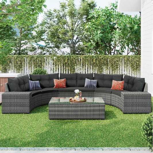 8-pieces Outdoor Wicker Round Sofa Set, Half-Moon Sectional Sets - Meissalivve