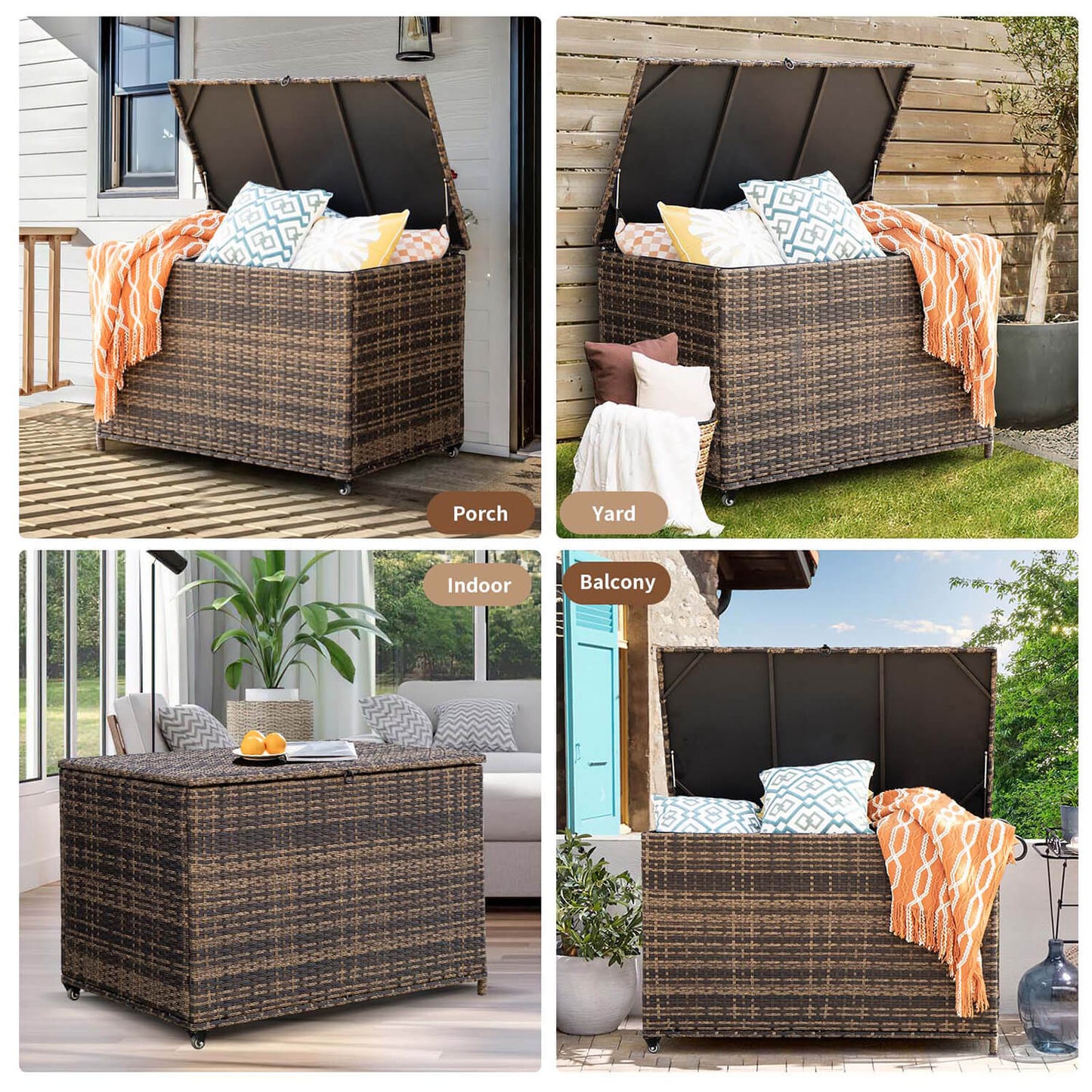 178 Gallon Outdoor Storage Rattan Deck Box with 2 Wheels and Handle - Meissalivve