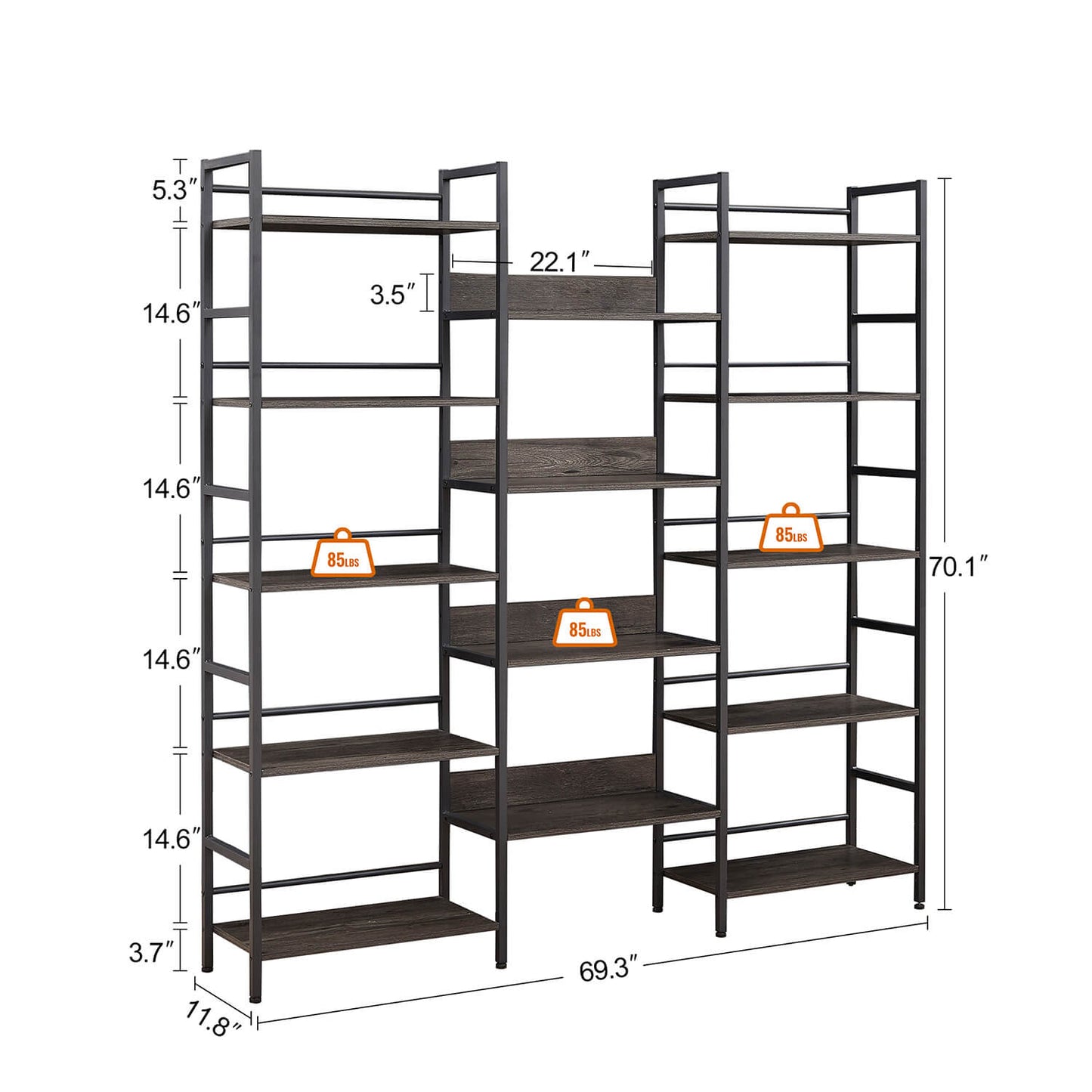 Triple Wide 5-shelf Bookshelves Industrial Retro Wooden Style, Dark Grey - Meissalivve