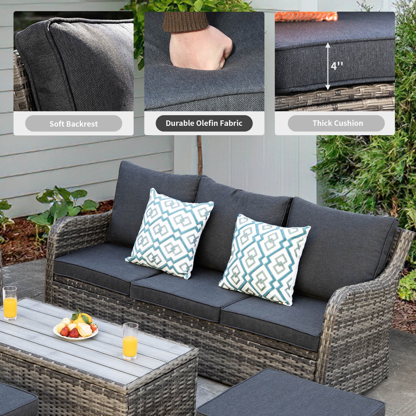 6 Piece Outdoor Rattan Patio Furniture Set, Swivel Rocker Chairs with Ottomans - Meissalivve