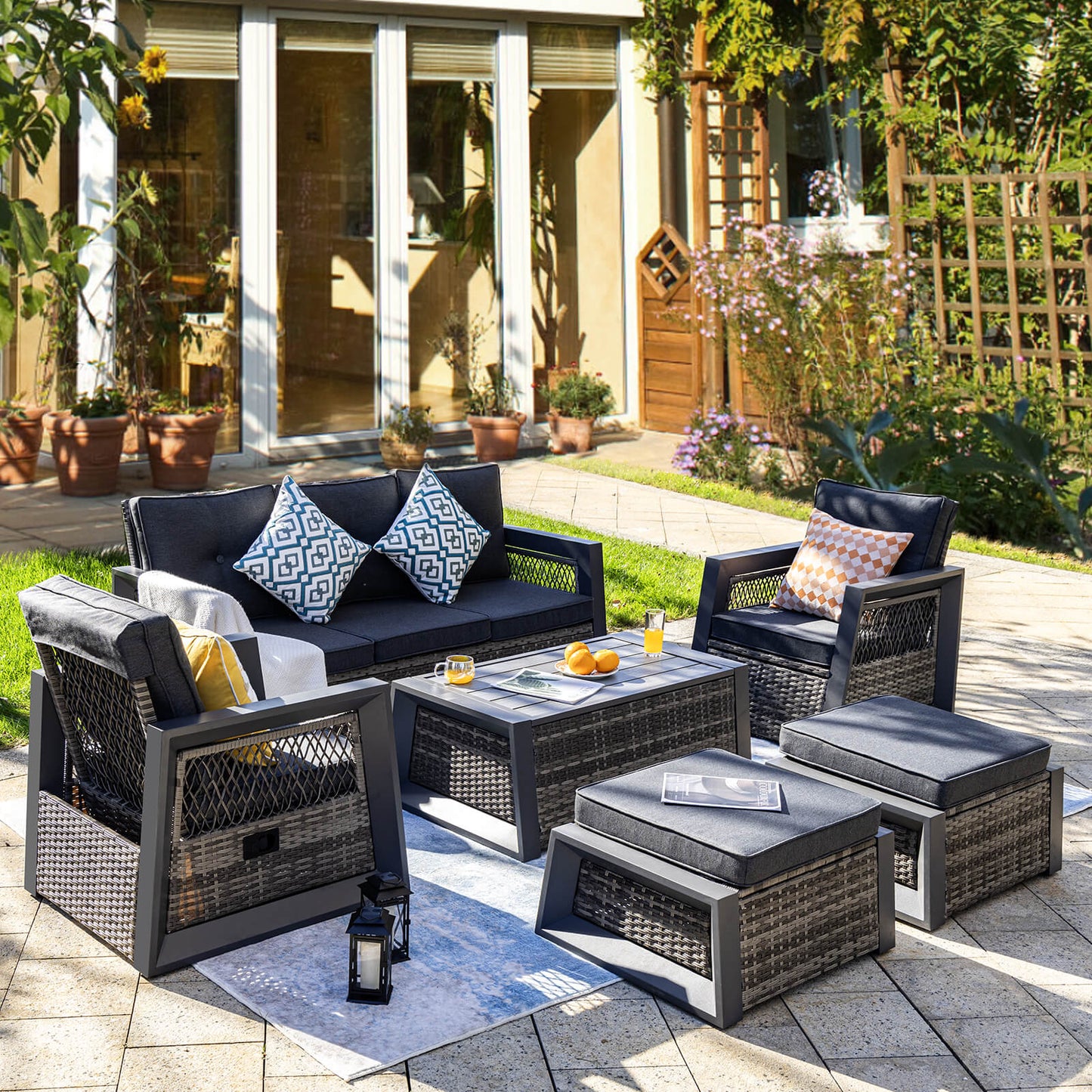 6 Pcs Aluminum Patio Furniture, Wicker Recliner Chairs with Ottomans - Meissalivve