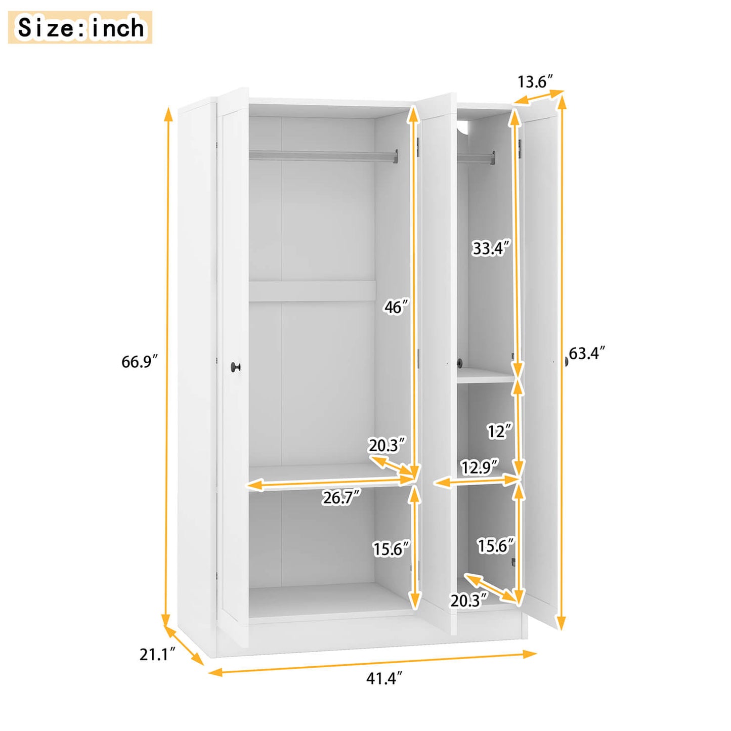 3-Door Shutter Wardrobe with shelves, White - Meissalivve