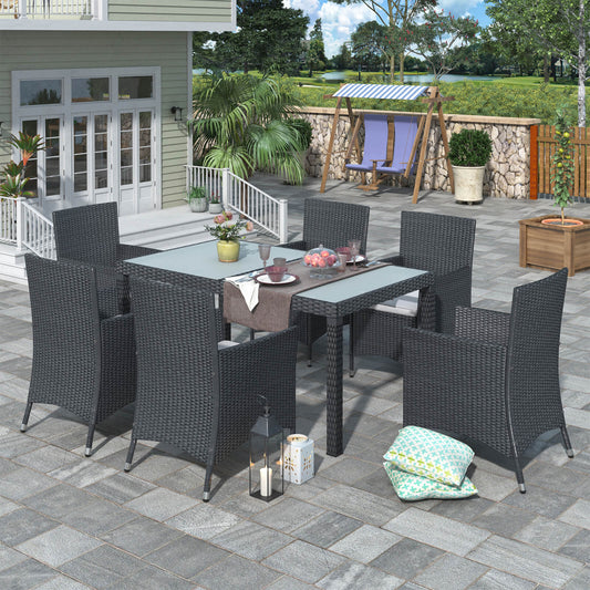 7-piece Outdoor Wicker Dining set - Patio Rattan Furniture Set with Beige Cushion - Meissalivve