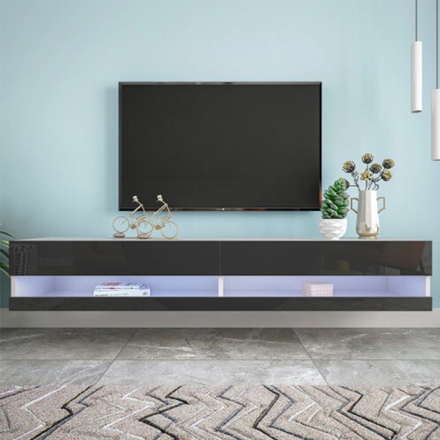 180 Wall Mounted Floating 80" TV Stand with 20 Color LEDs Black - Meissalivve