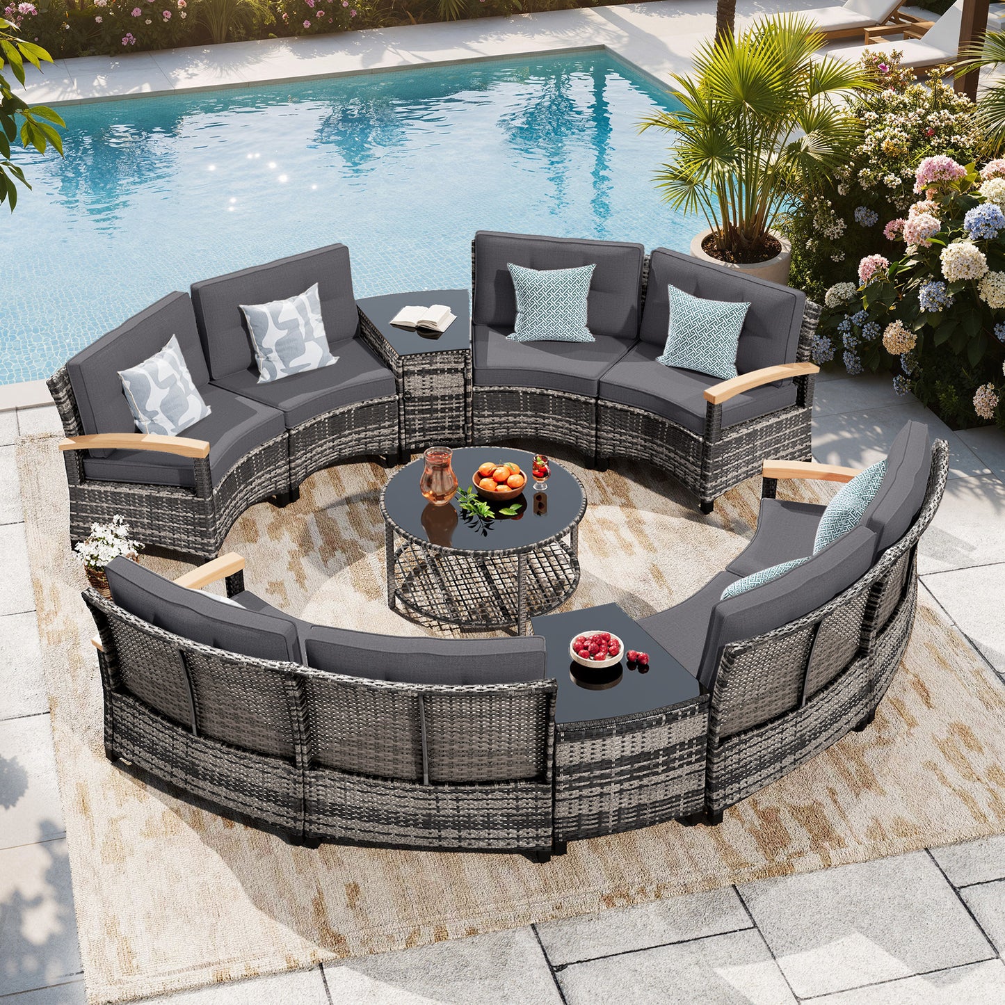 11 Piece Outdoor Half-Moon Sectional Patio Furniture Set  (YK-6016-A6)