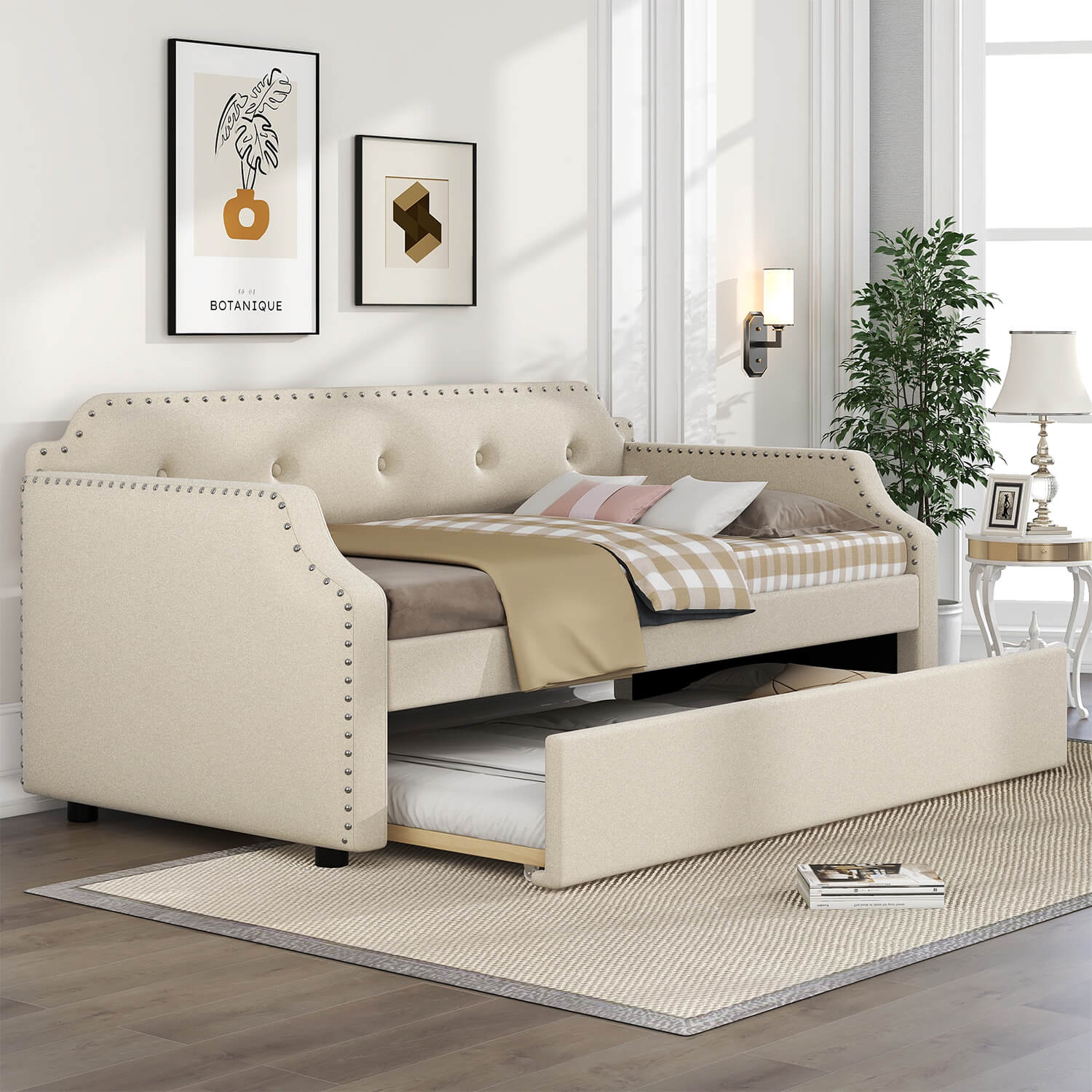 Upholstered Daybed with Trundle, Wood Slat Support,Gray - Meissalivve