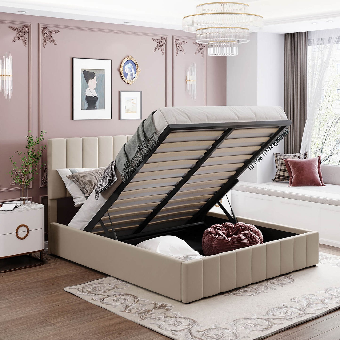 Queen size Upholstered Platform bed with a Hydraulic Storage System - Meissalivve