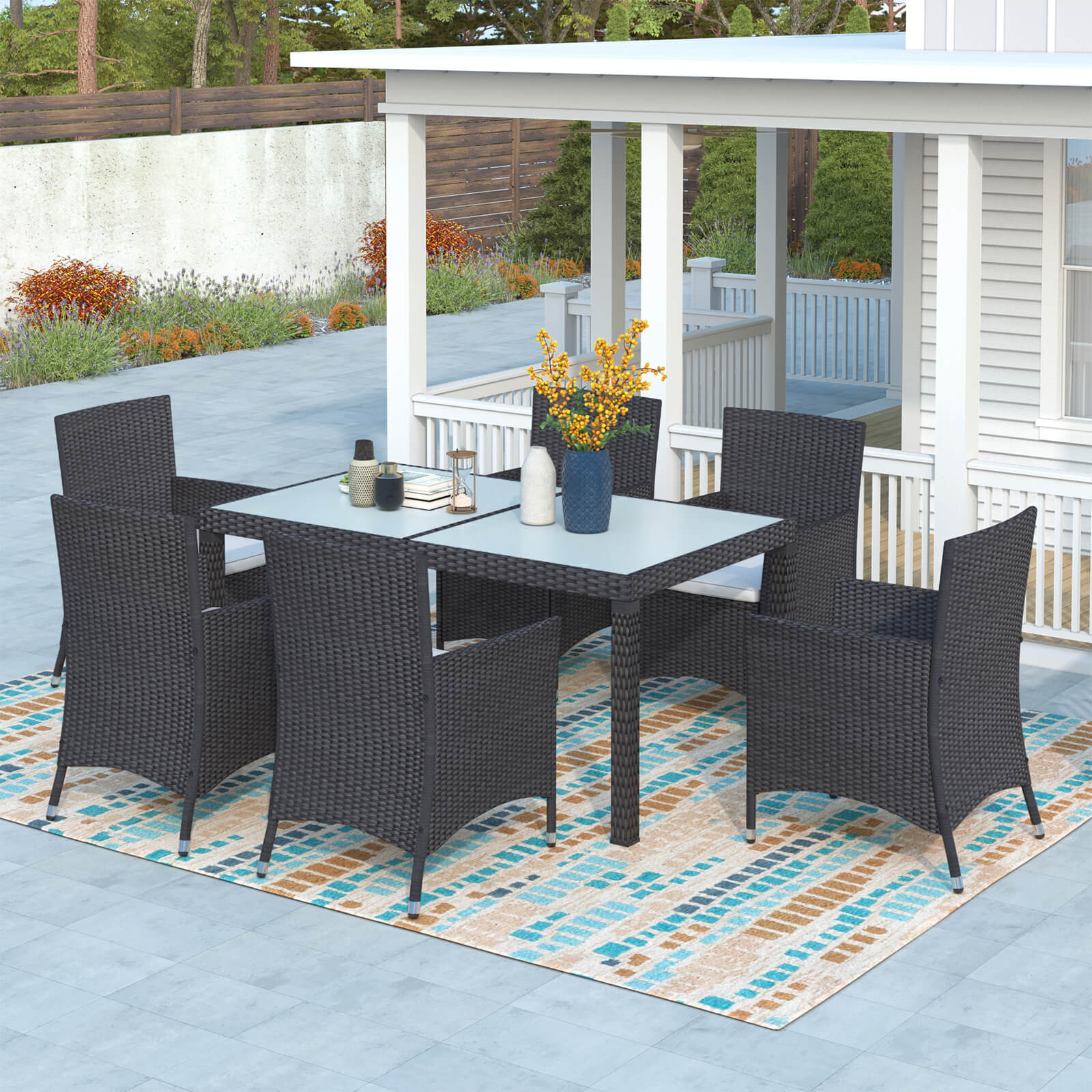 7-piece Outdoor Wicker Dining set - Patio Rattan Furniture Set with Beige Cushion - Meissalivve