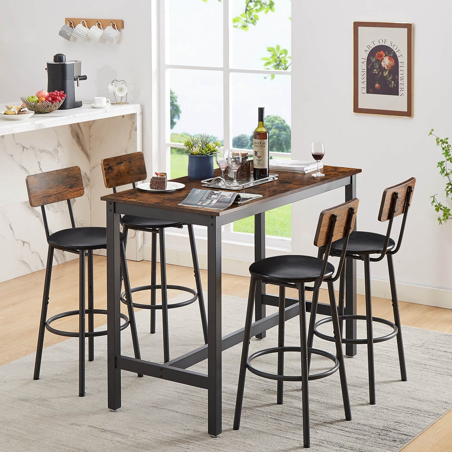 Bar Table Set with 4 Barstools PU Soft seat with backrest, Grey - Meissalivve