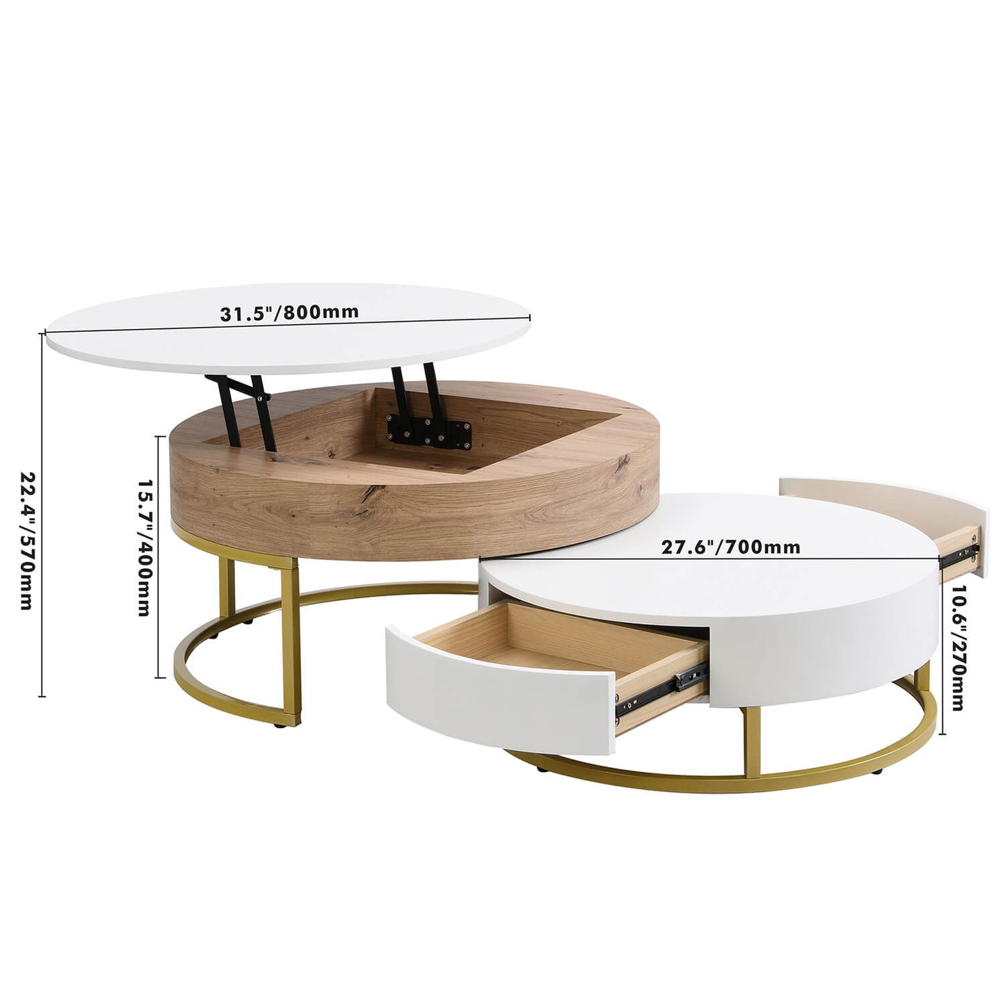 Modern Round Lift-top Nesting Coffee Tables with 2 Drawers White & Black - Meissalivve