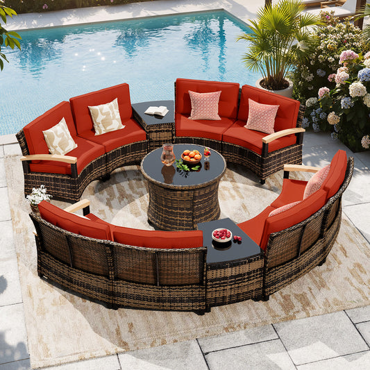 11 Pcs Half-Moon Rattan Outdoor Patio Furniture Set with Round Dining Table  (YK-6016-B3)